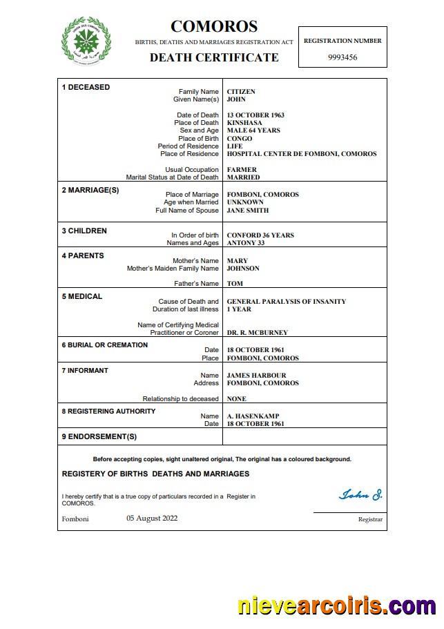 Comoros vital record death certificate
